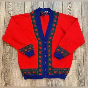 Vintage Knit Cardigan | 80s 90s Folk Wool Sweater Red Nordic Hearts Unbranded
